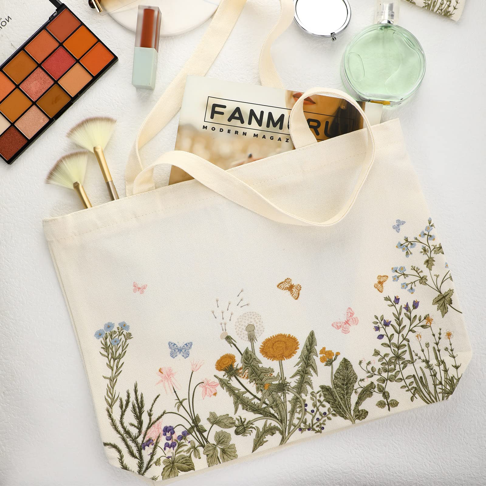 Sadnyy 2 Pcs Wildflower Canvas Tote Bags For Women Cute Aesthetic Floral Makeup Bags Valentine Gift For Teacher Coworker Travel